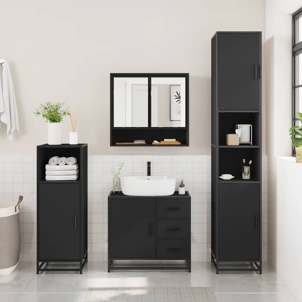 2 Piece Bathroom Furniture Set Black Engineered Wood