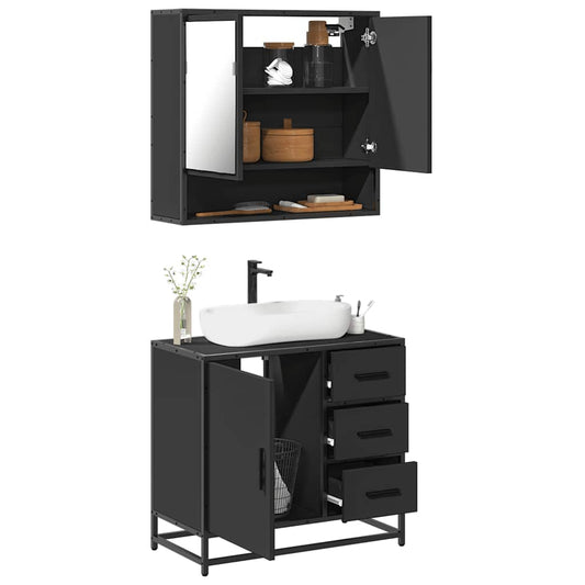 2 Piece Bathroom Furniture Set Black Engineered Wood