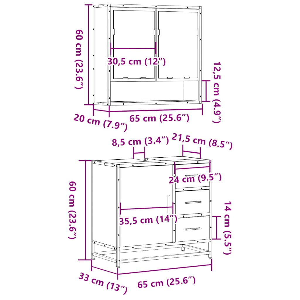 2 Piece Bathroom Furniture Set Smoked Oak Engineered Wood