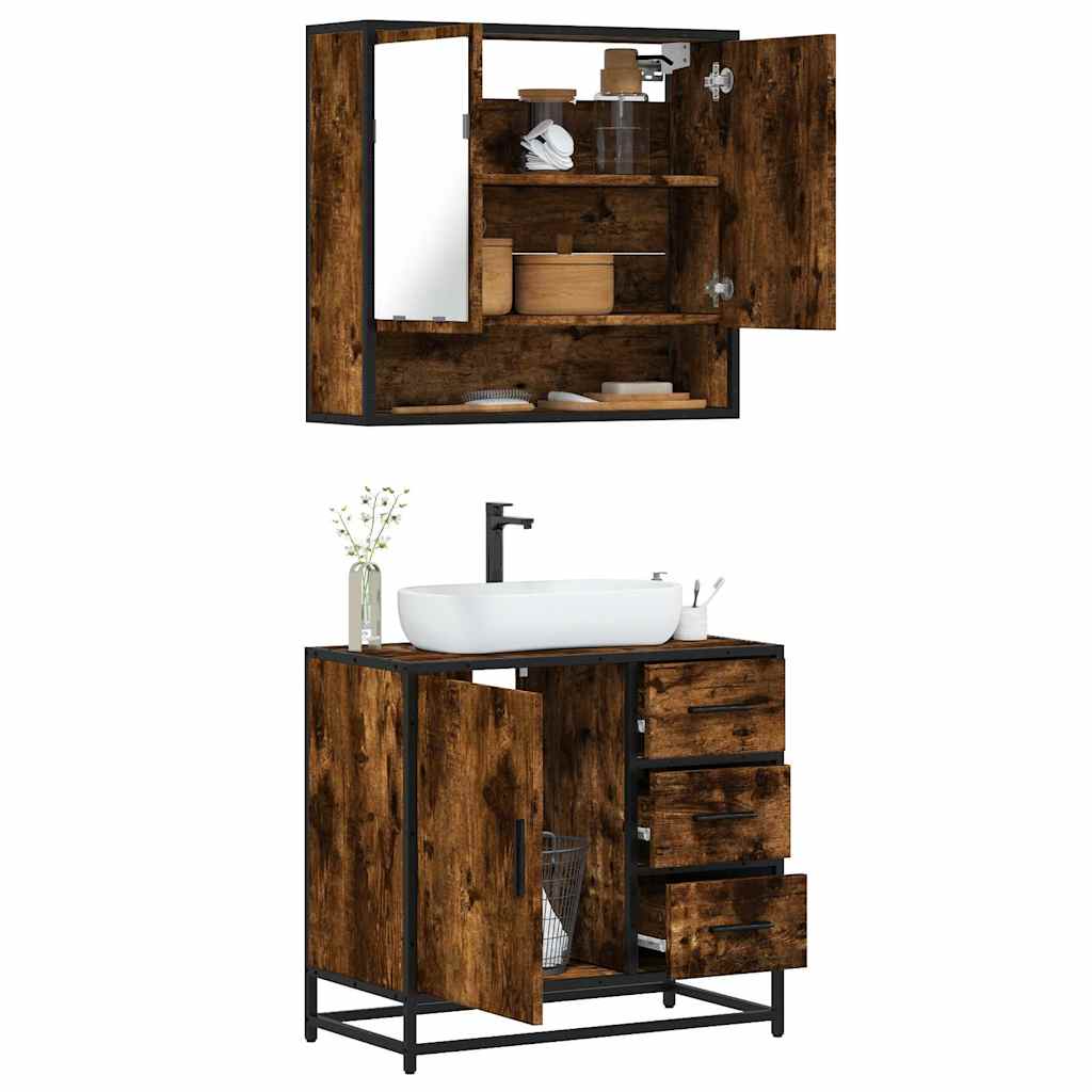 2 Piece Bathroom Furniture Set Smoked Oak Engineered Wood