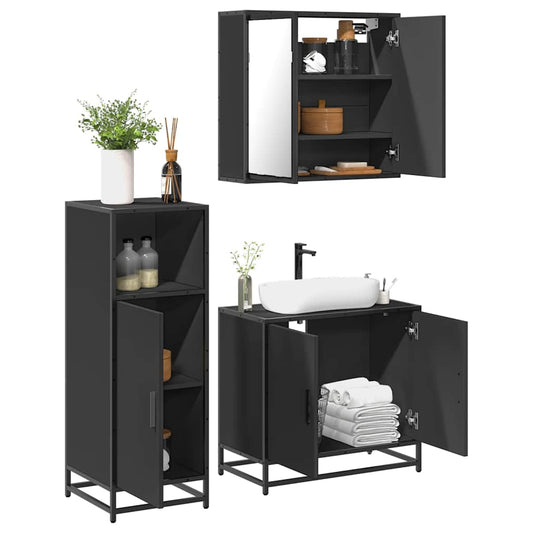 3 Piece Bathroom Furniture Set Black Engineered Wood