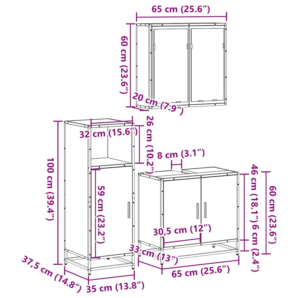 3 Piece Bathroom Furniture Set Smoked Oak Engineered Wood