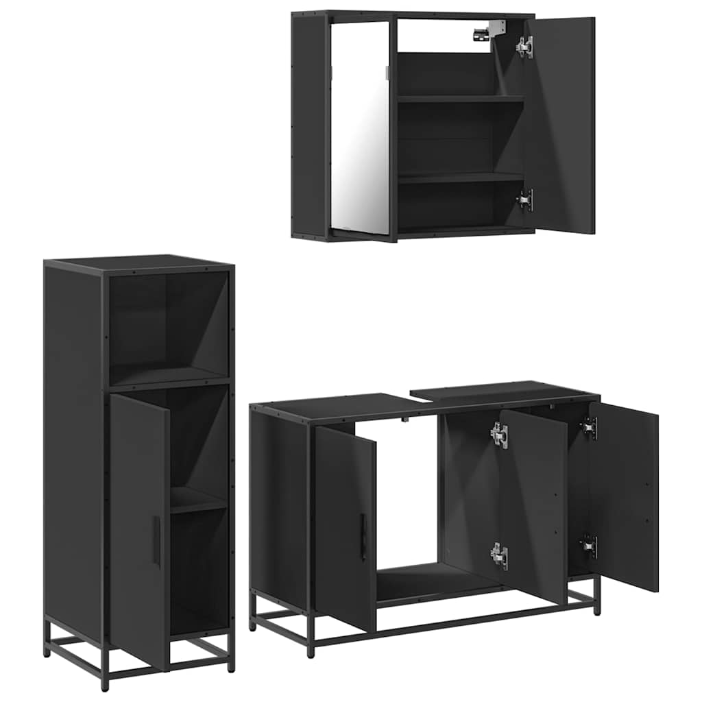 3 Piece Bathroom Furniture Set Black Engineered Wood