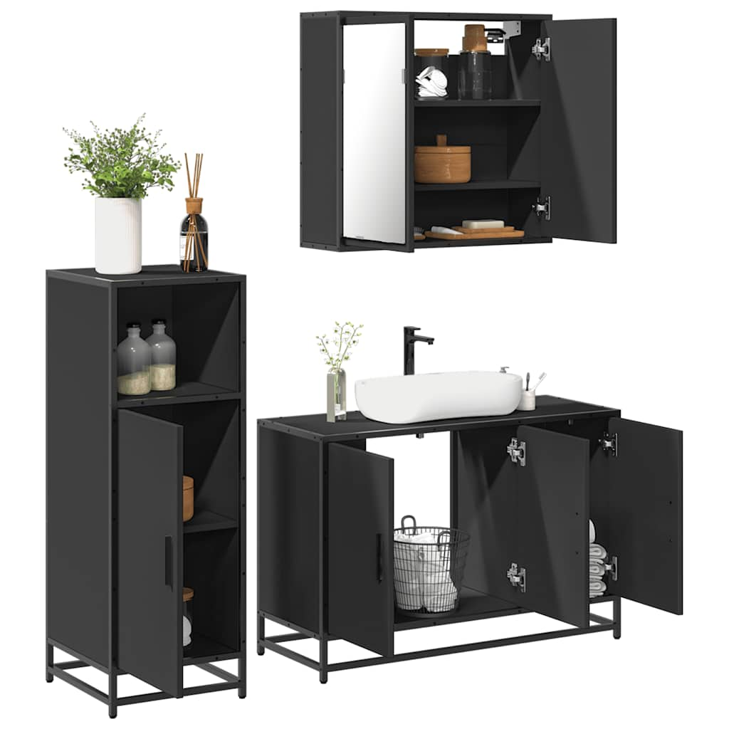 3 Piece Bathroom Furniture Set Black Engineered Wood