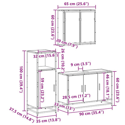 3 Piece Bathroom Furniture Set Smoked Oak Engineered Wood