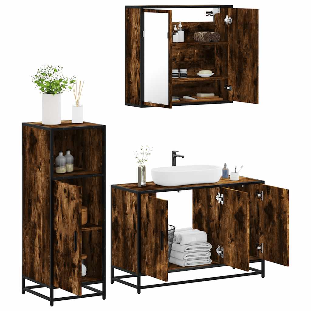 3 Piece Bathroom Furniture Set Smoked Oak Engineered Wood