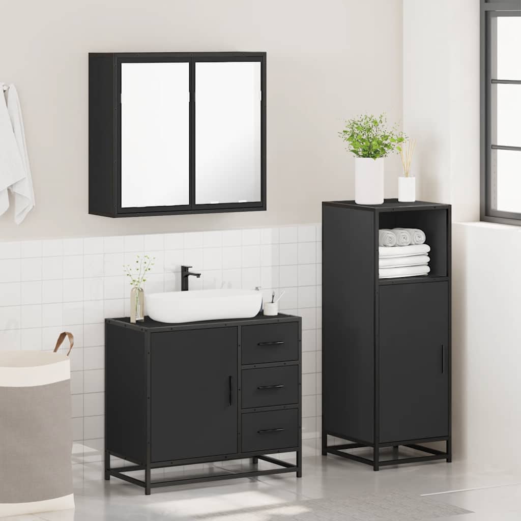 3 Piece Bathroom Furniture Set Black Engineered Wood