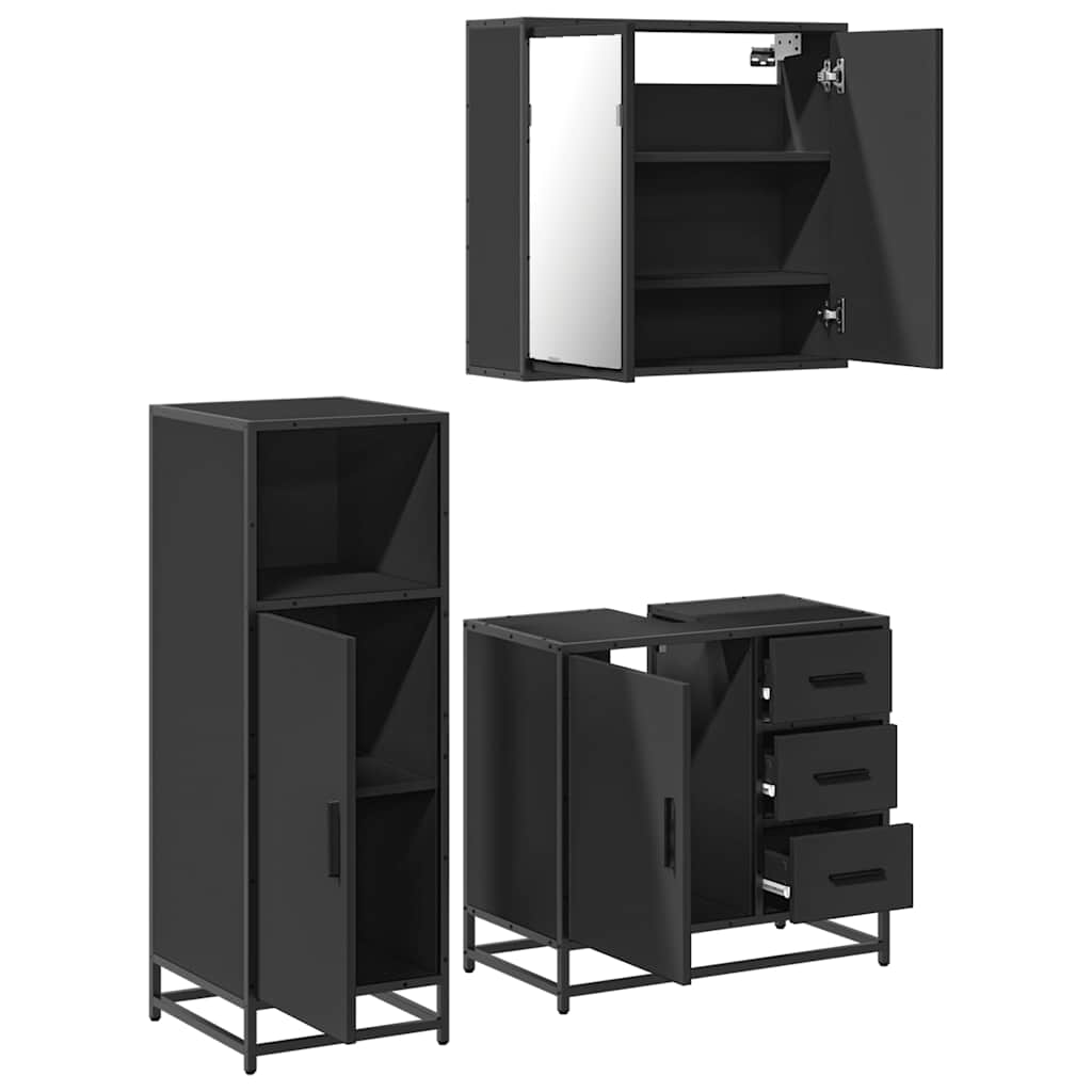 3 Piece Bathroom Furniture Set Black Engineered Wood