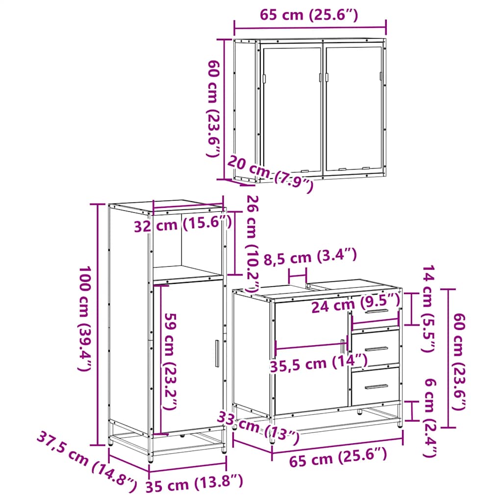 3 Piece Bathroom Furniture Set Sonoma Oak Engineered Wood