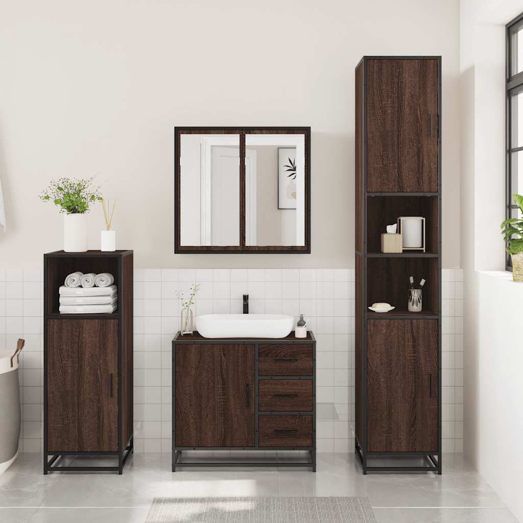 3 Piece Bathroom Furniture Set Brown Oak Engineered Wood