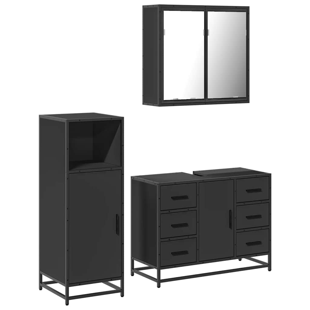 3 Piece Bathroom Furniture Set Black Engineered Wood