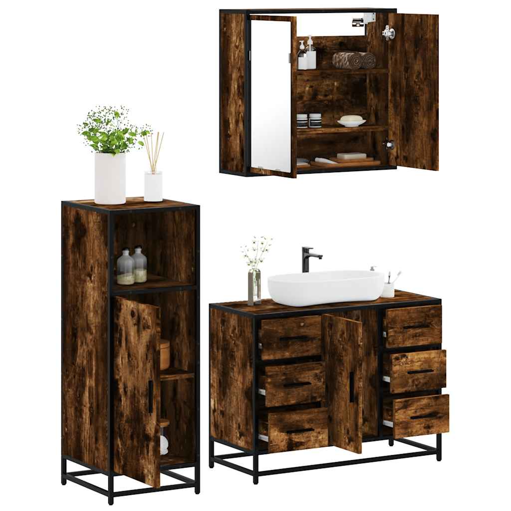 3 Piece Bathroom Furniture Set Smoked Oak Engineered Wood