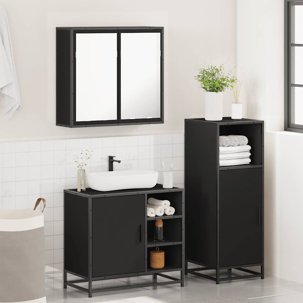 3 Piece Bathroom Furniture Set Black Engineered Wood