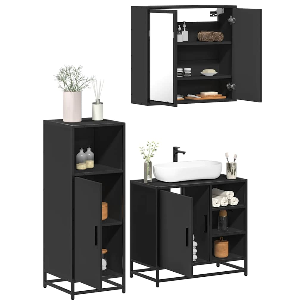 3 Piece Bathroom Furniture Set Black Engineered Wood