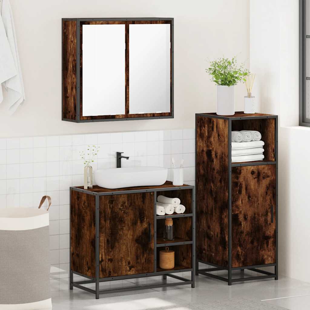 3 Piece Bathroom Furniture Set Smoked Oak Engineered Wood