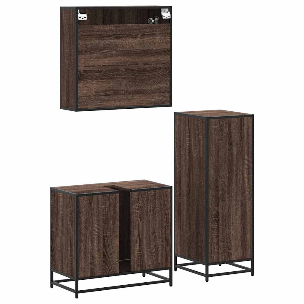 3 Piece Bathroom Furniture Set Brown Oak Engineered Wood