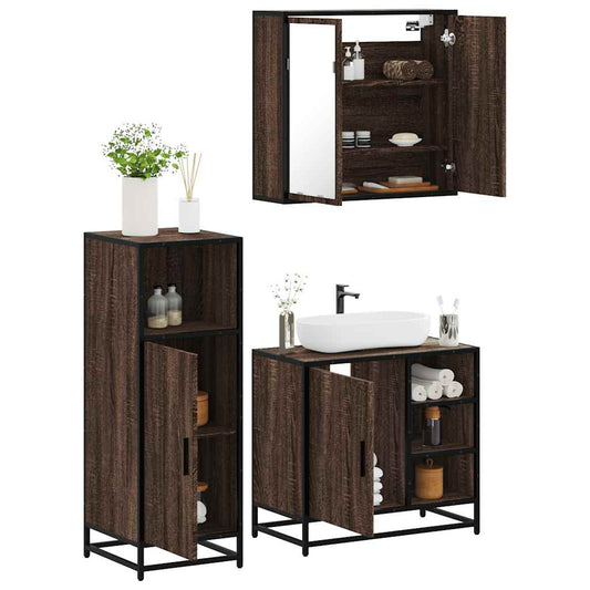 3 Piece Bathroom Furniture Set Brown Oak Engineered Wood