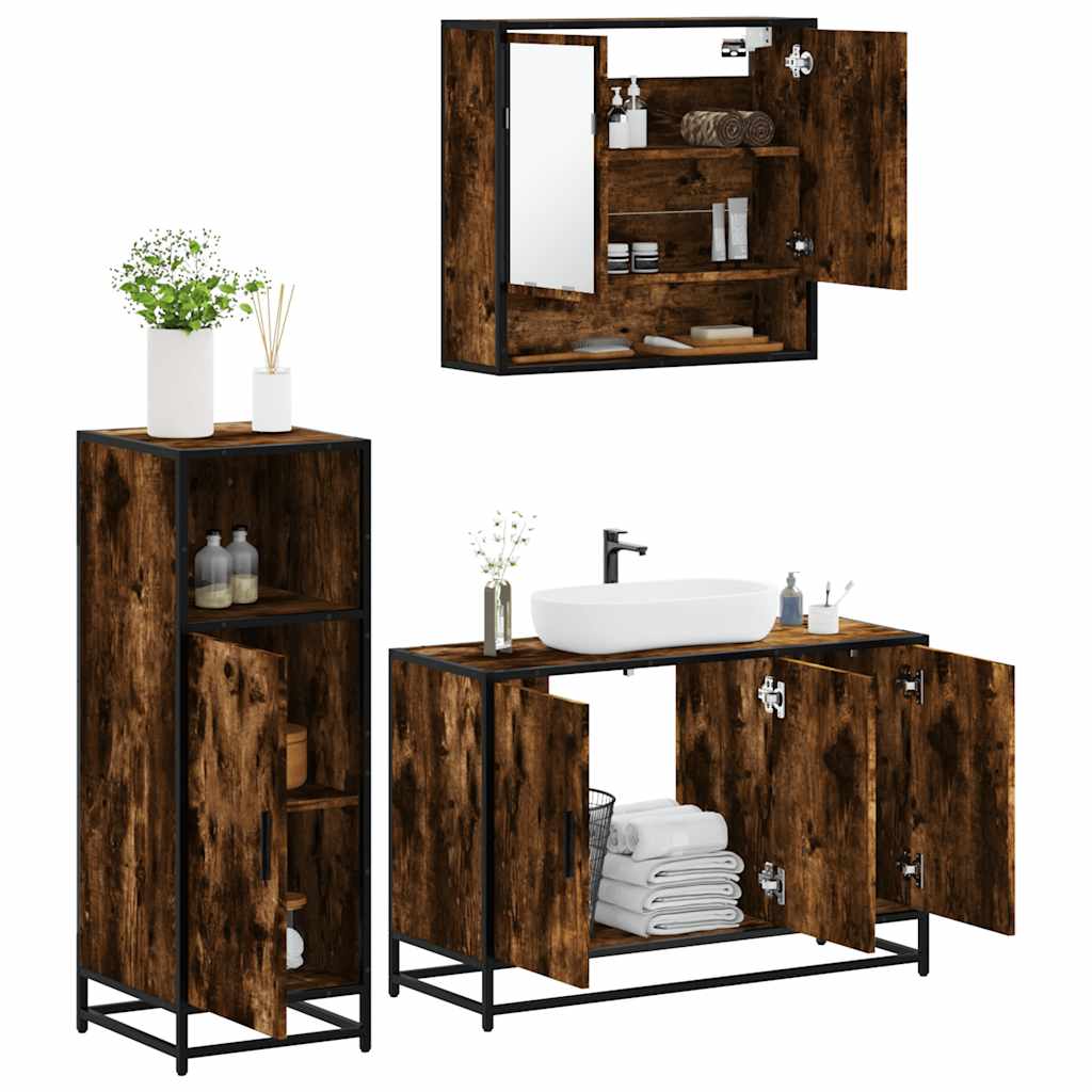 3 Piece Bathroom Furniture Set Smoked Oak Engineered Wood