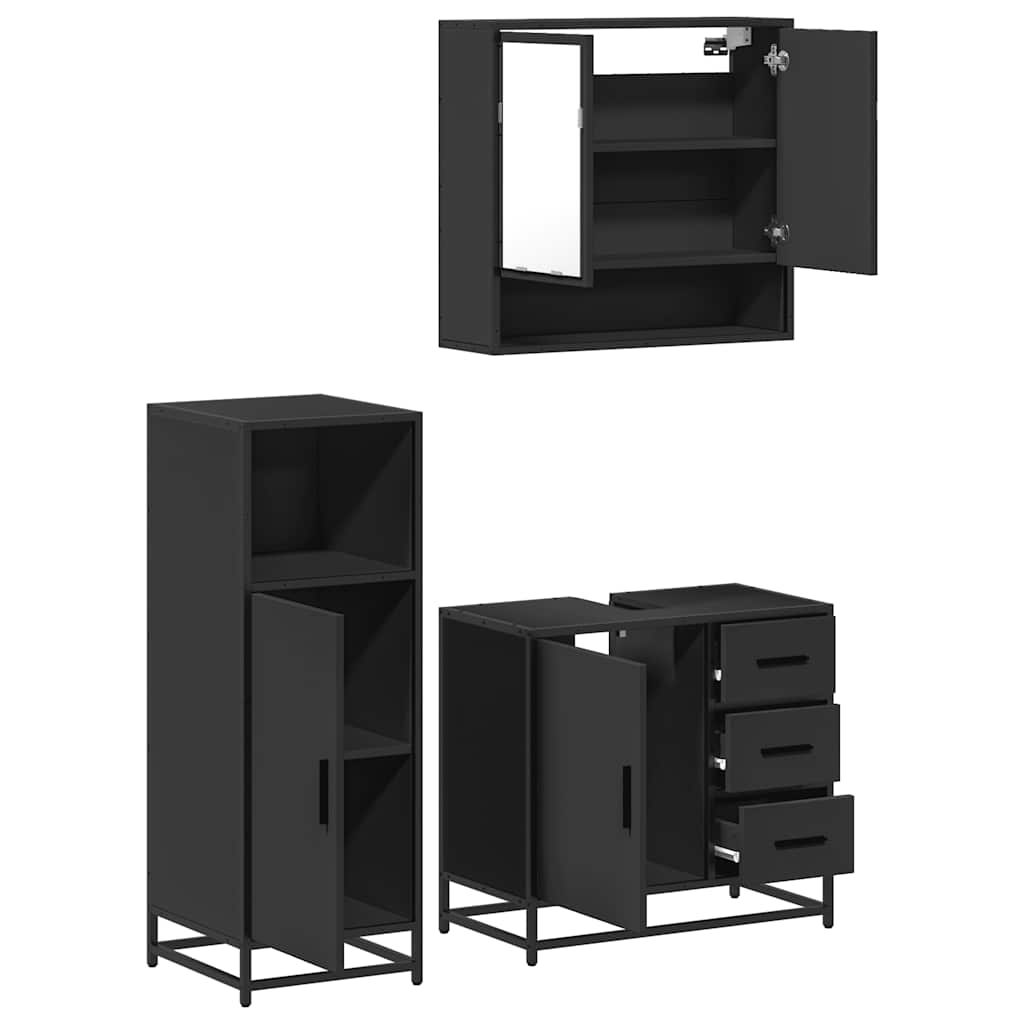 3 Piece Bathroom Furniture Set Black Engineered Wood