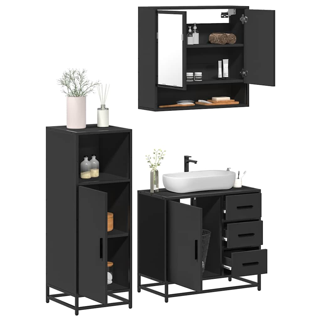 3 Piece Bathroom Furniture Set Black Engineered Wood