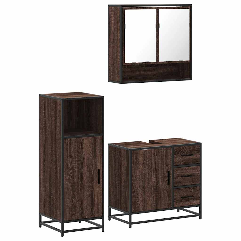 3 Piece Bathroom Furniture Set Brown Oak Engineered Wood