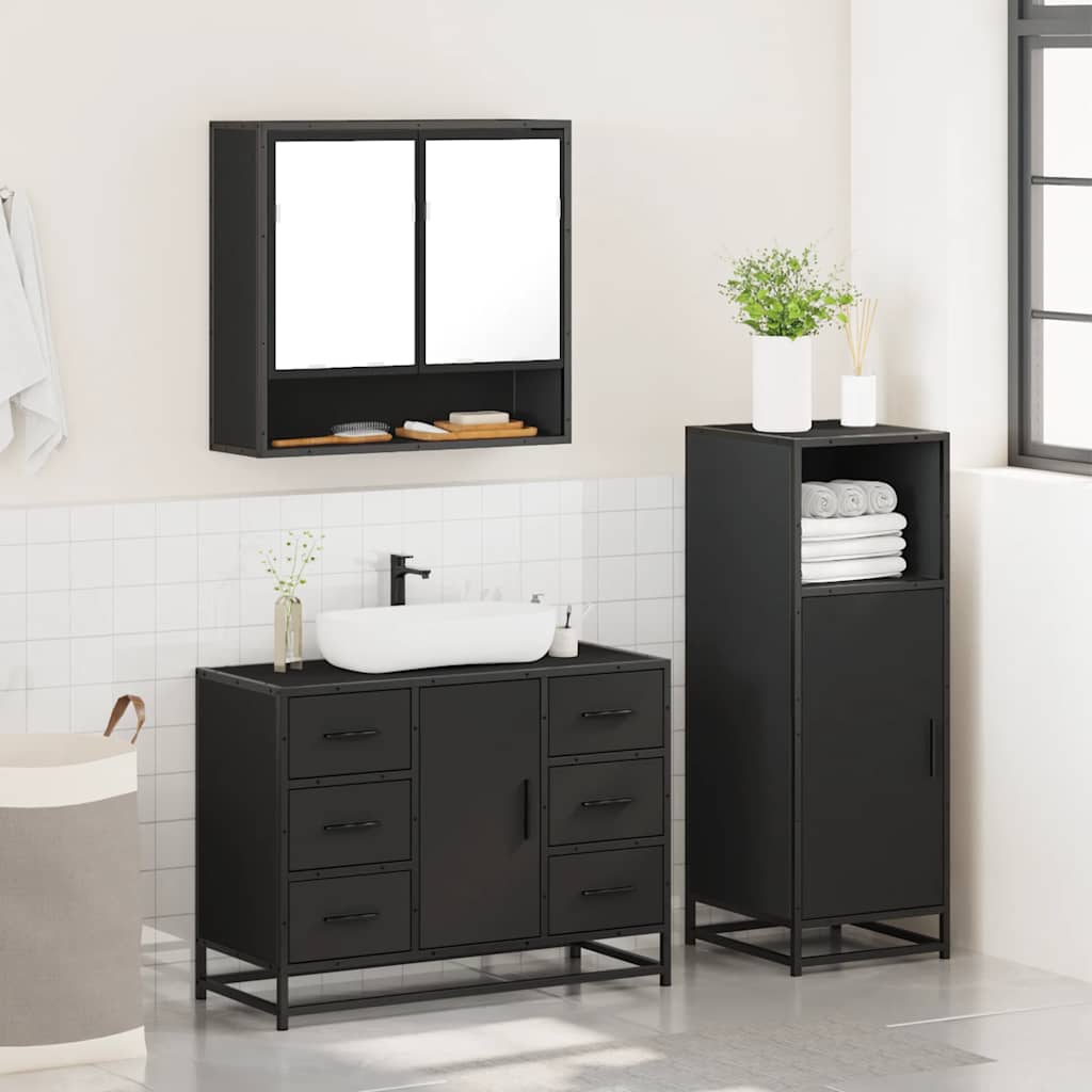 3 Piece Bathroom Furniture Set Black Engineered Wood