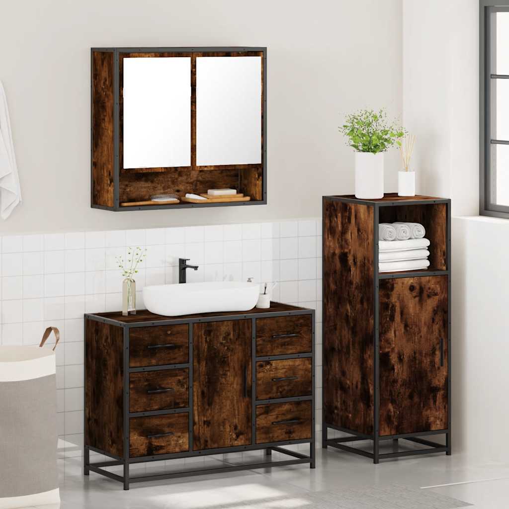 3 Piece Bathroom Furniture Set Smoked Oak Engineered Wood