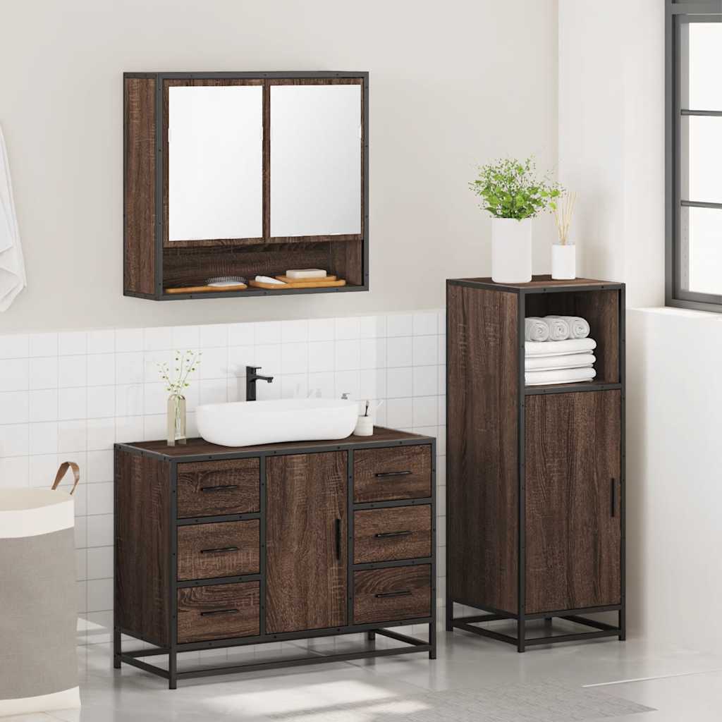 3 Piece Bathroom Furniture Set Brown Oak Engineered Wood