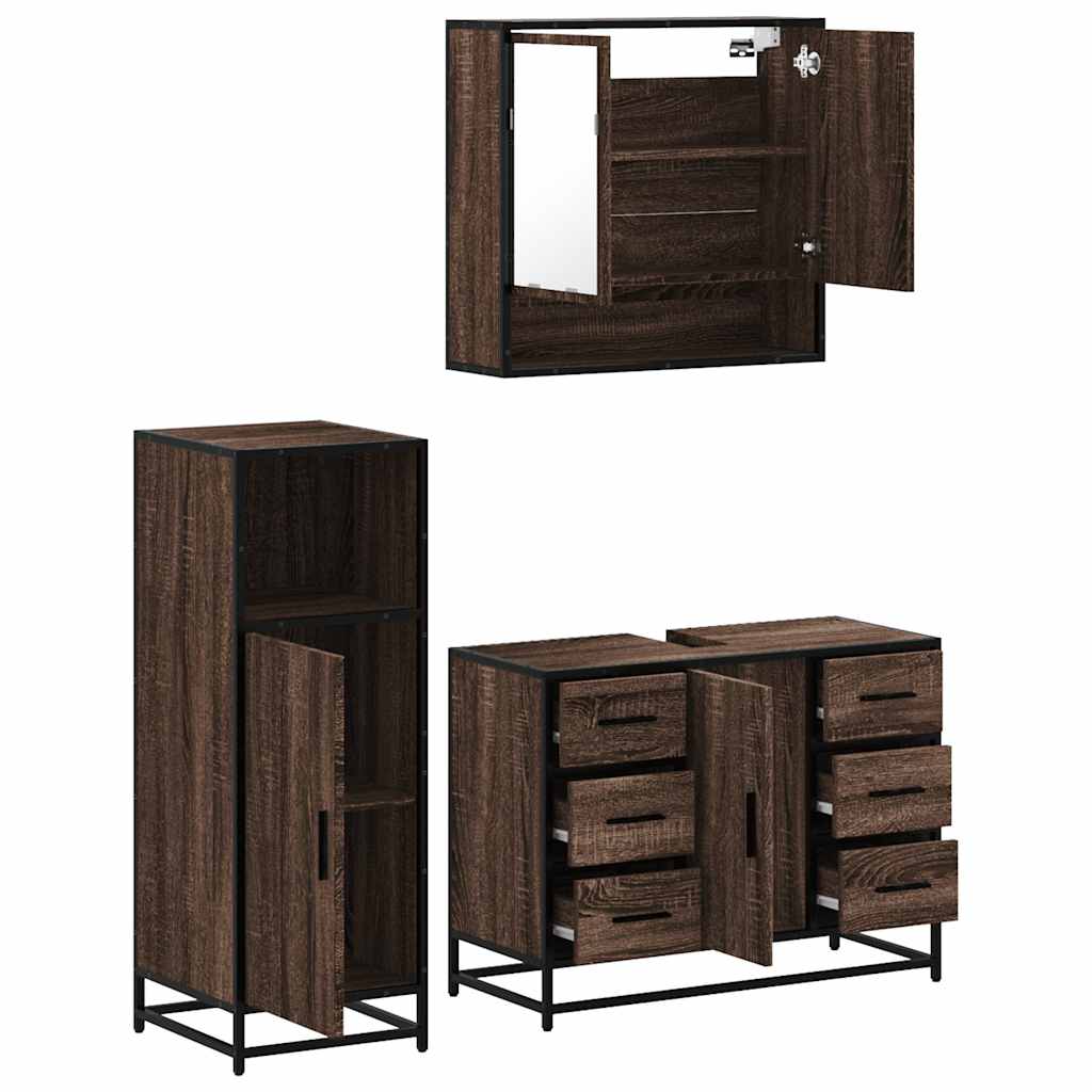 3 Piece Bathroom Furniture Set Brown Oak Engineered Wood