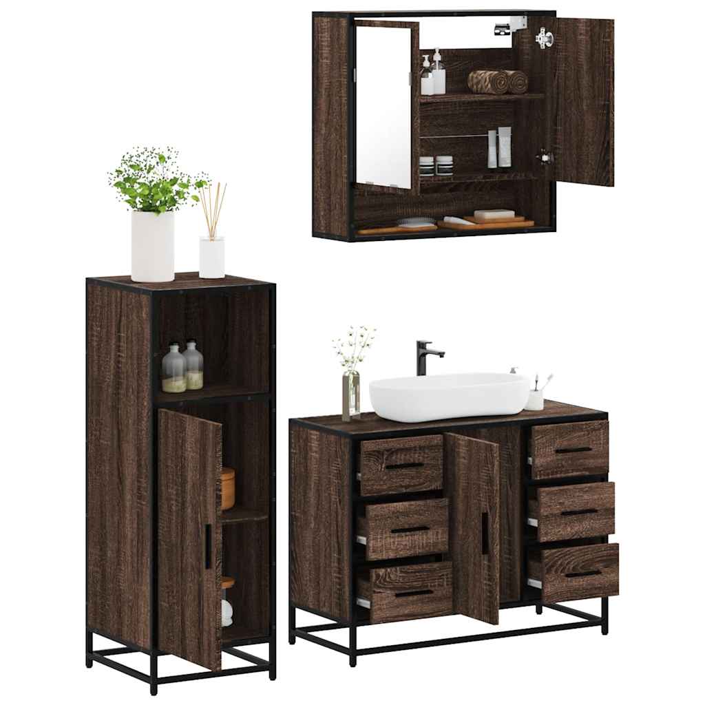 3 Piece Bathroom Furniture Set Brown Oak Engineered Wood