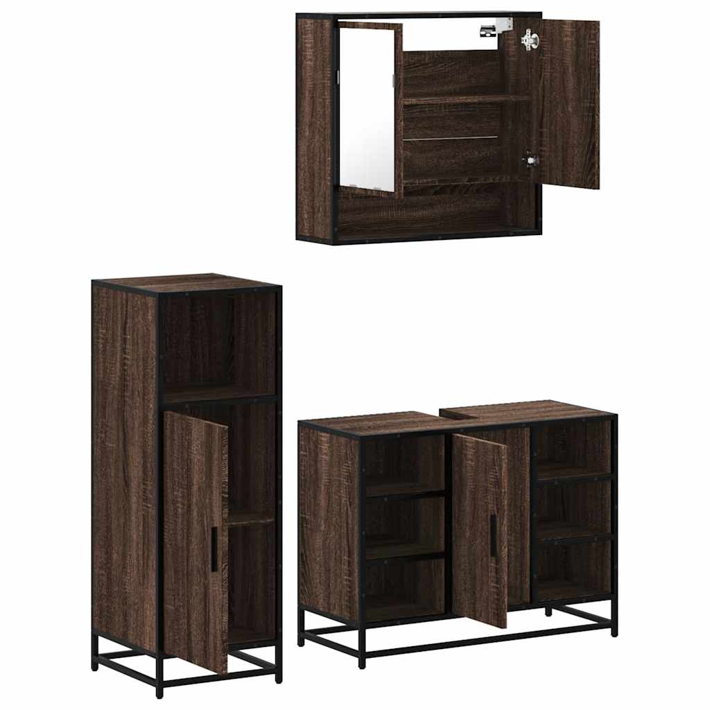 3 Piece Bathroom Furniture Set Brown Oak Engineered Wood