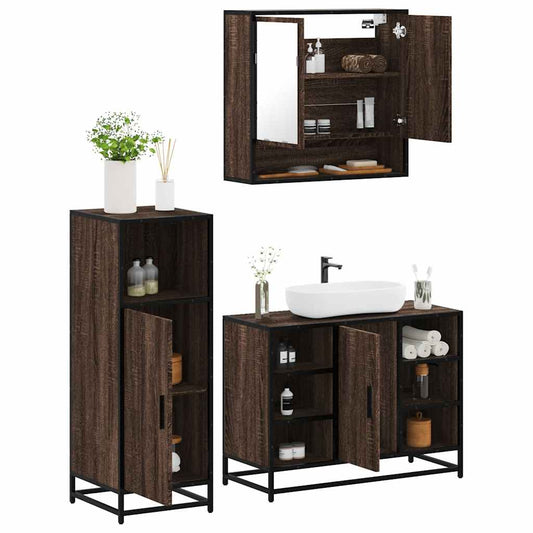 3 Piece Bathroom Furniture Set Brown Oak Engineered Wood