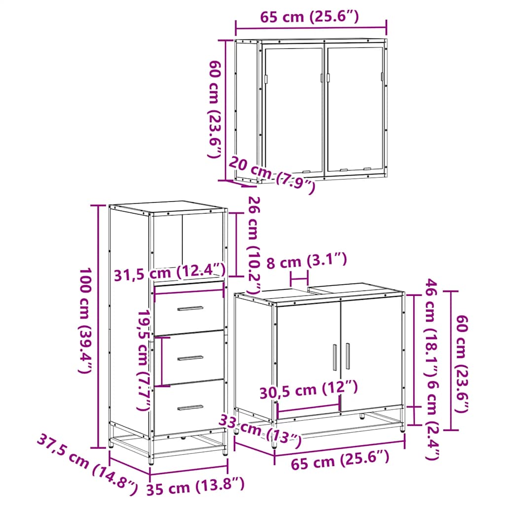 3 Piece Bathroom Furniture Set Sonoma Oak Engineered Wood