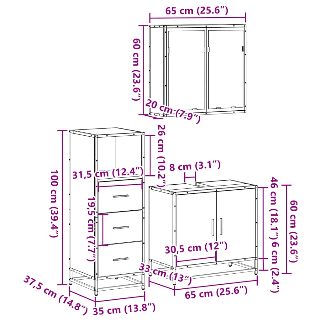 3 Piece Bathroom Furniture Set Smoked Oak Engineered Wood