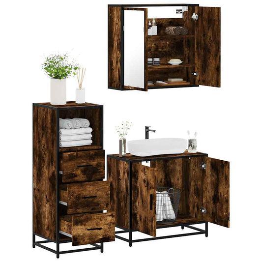 3 Piece Bathroom Furniture Set Smoked Oak Engineered Wood