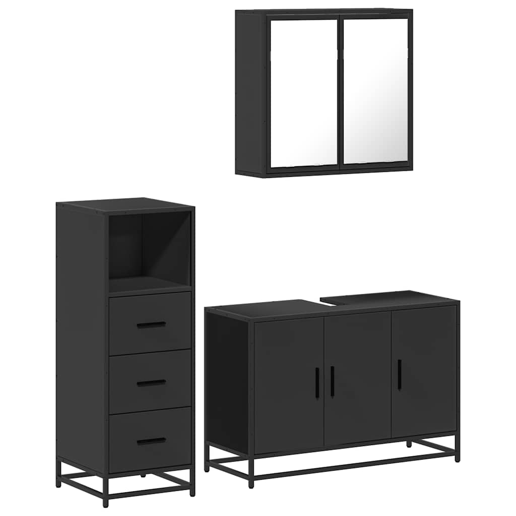 3 Piece Bathroom Furniture Set Black Engineered Wood