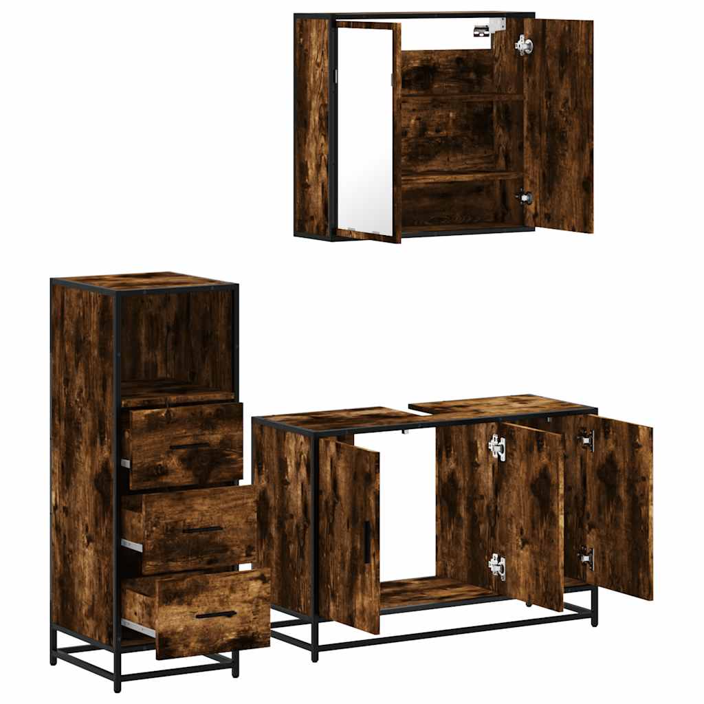 3 Piece Bathroom Furniture Set Smoked Oak Engineered Wood