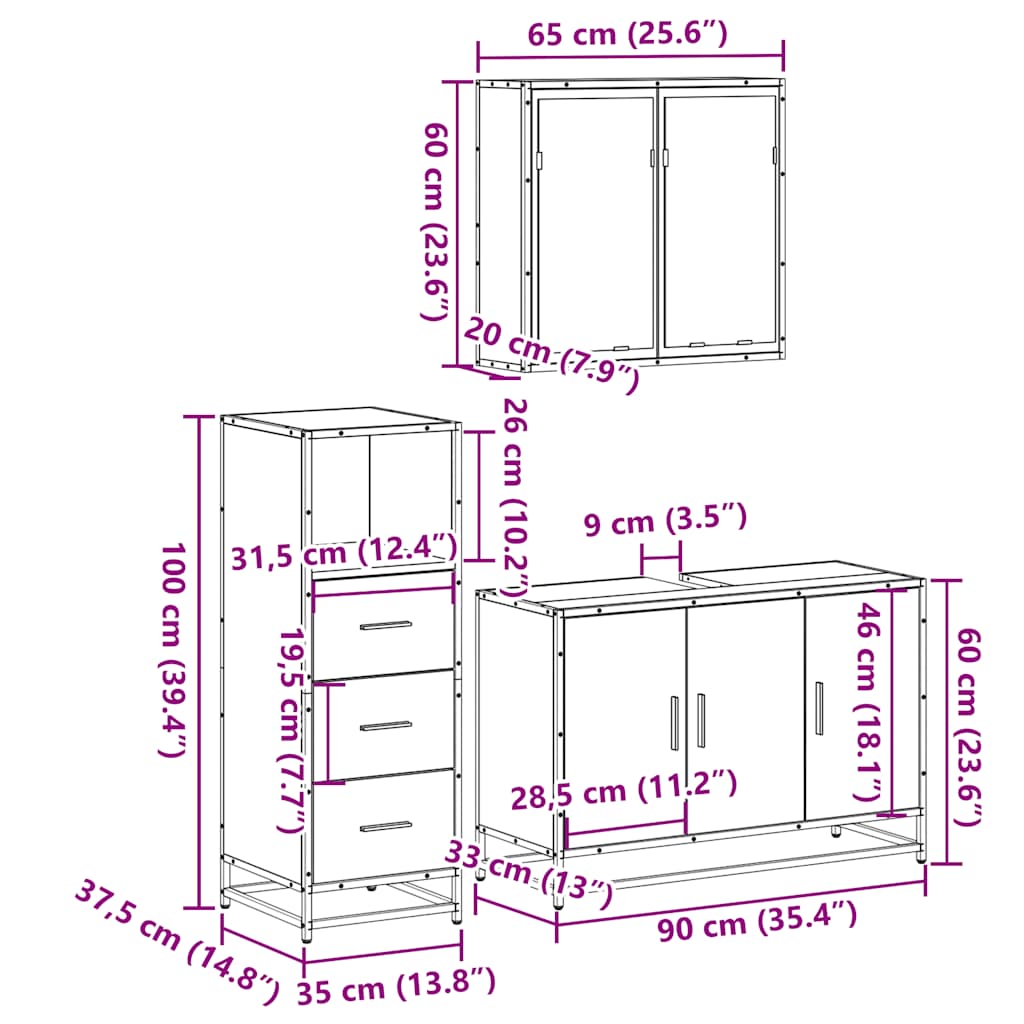 3 Piece Bathroom Furniture Set Smoked Oak Engineered Wood