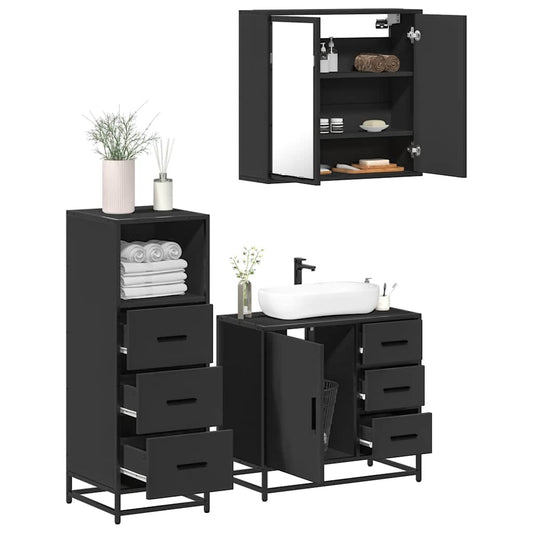 3 Piece Bathroom Furniture Set Black Engineered Wood