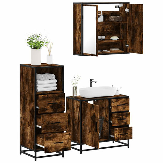 3 Piece Bathroom Furniture Set Smoked Oak Engineered Wood