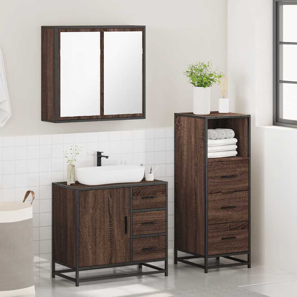 3 Piece Bathroom Furniture Set Brown Oak Engineered Wood