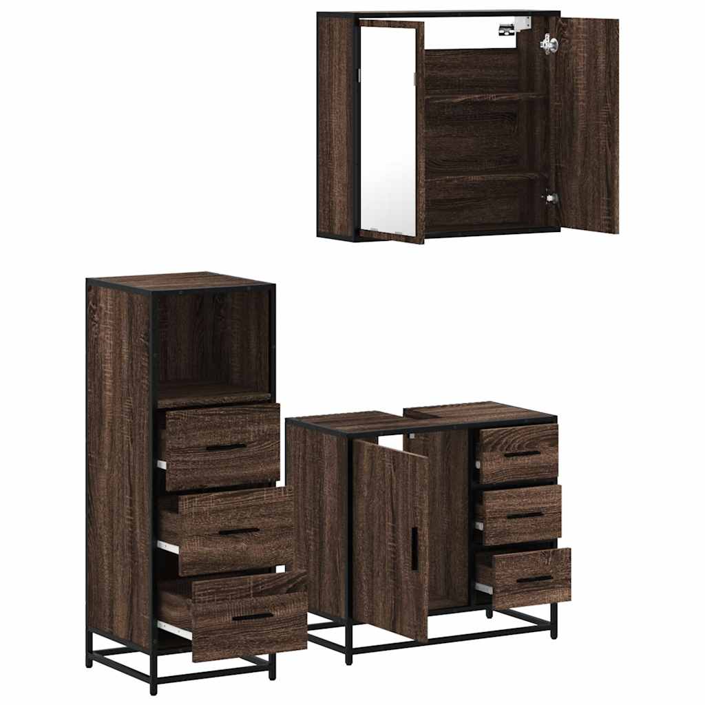 3 Piece Bathroom Furniture Set Brown Oak Engineered Wood