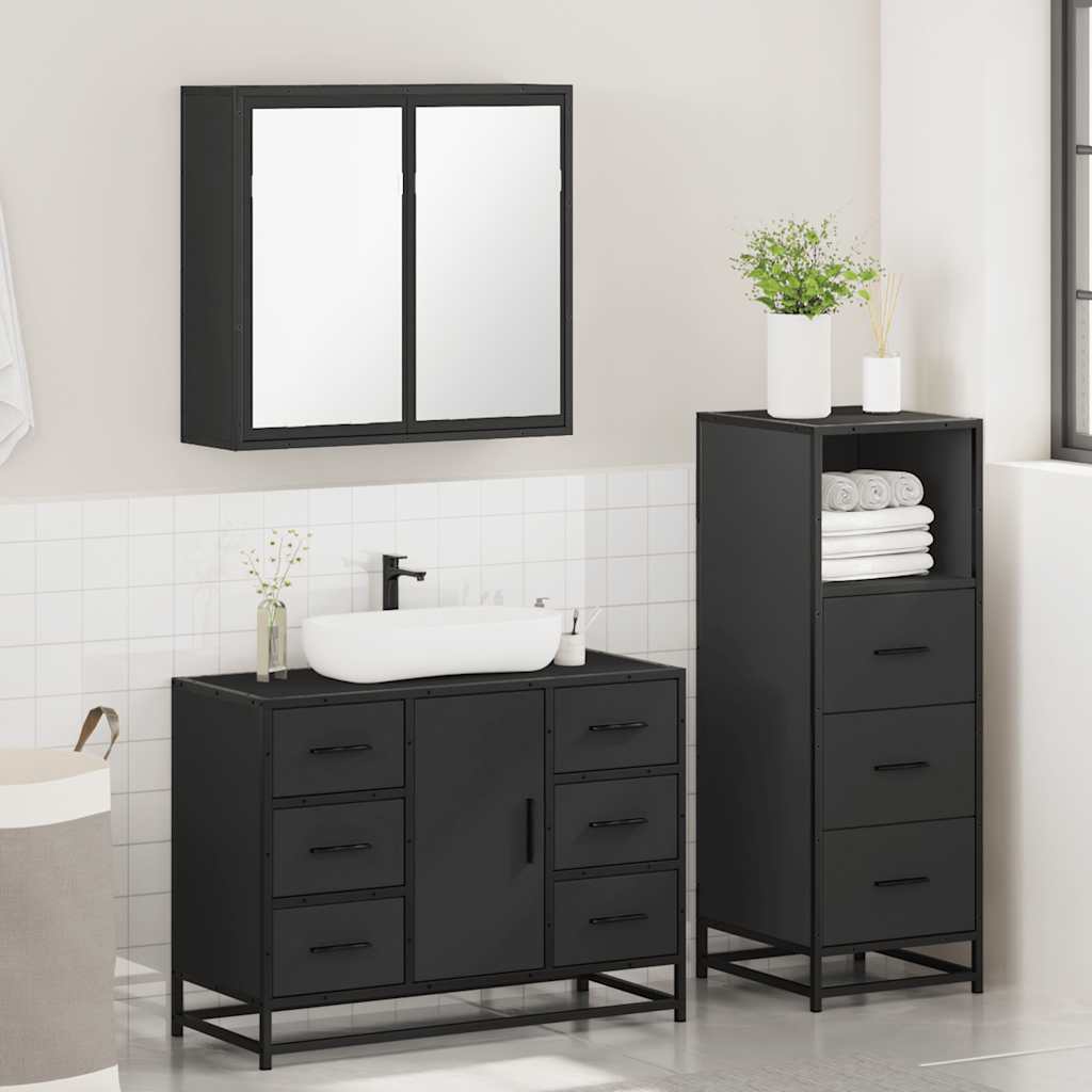 3 Piece Bathroom Furniture Set Black Engineered Wood