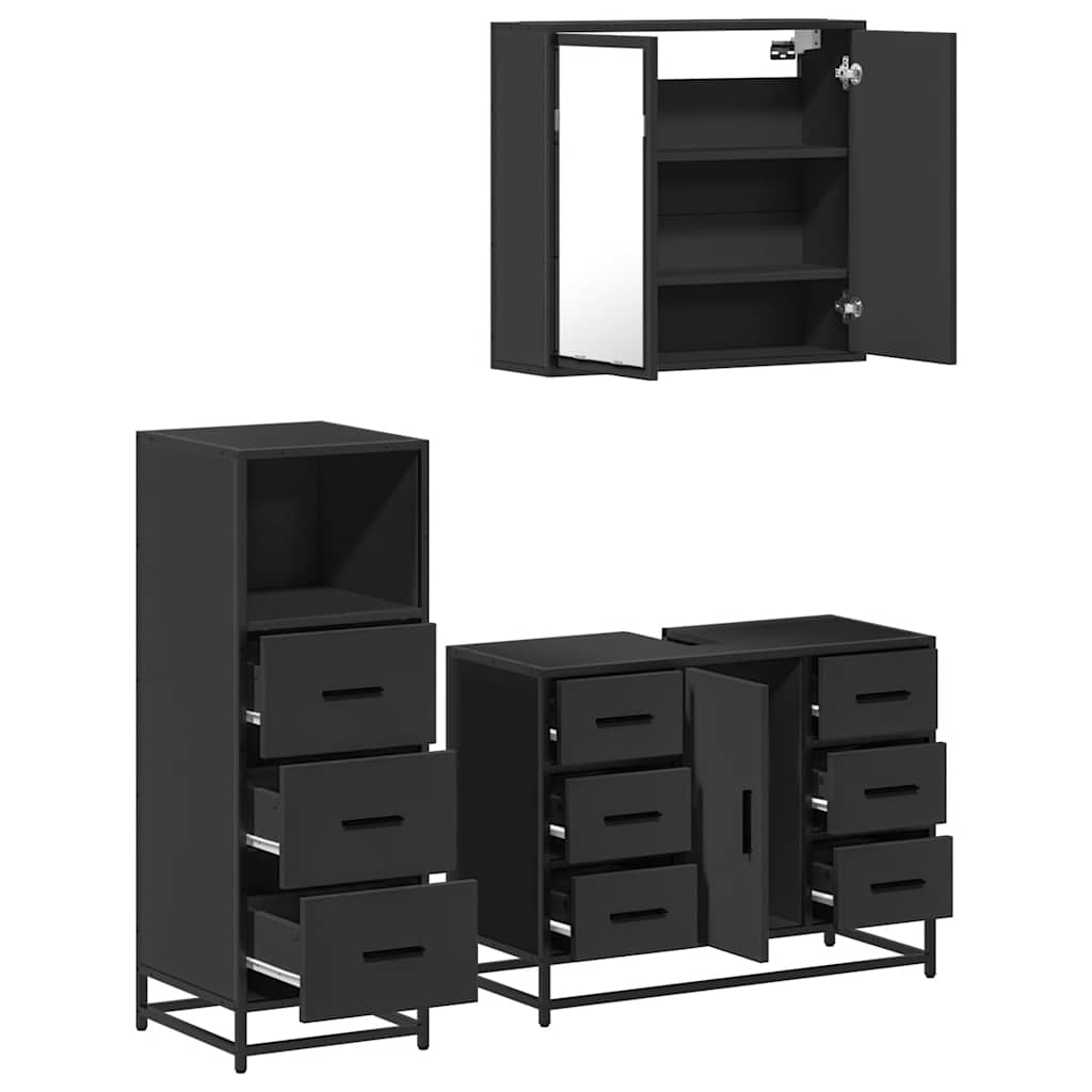 3 Piece Bathroom Furniture Set Black Engineered Wood