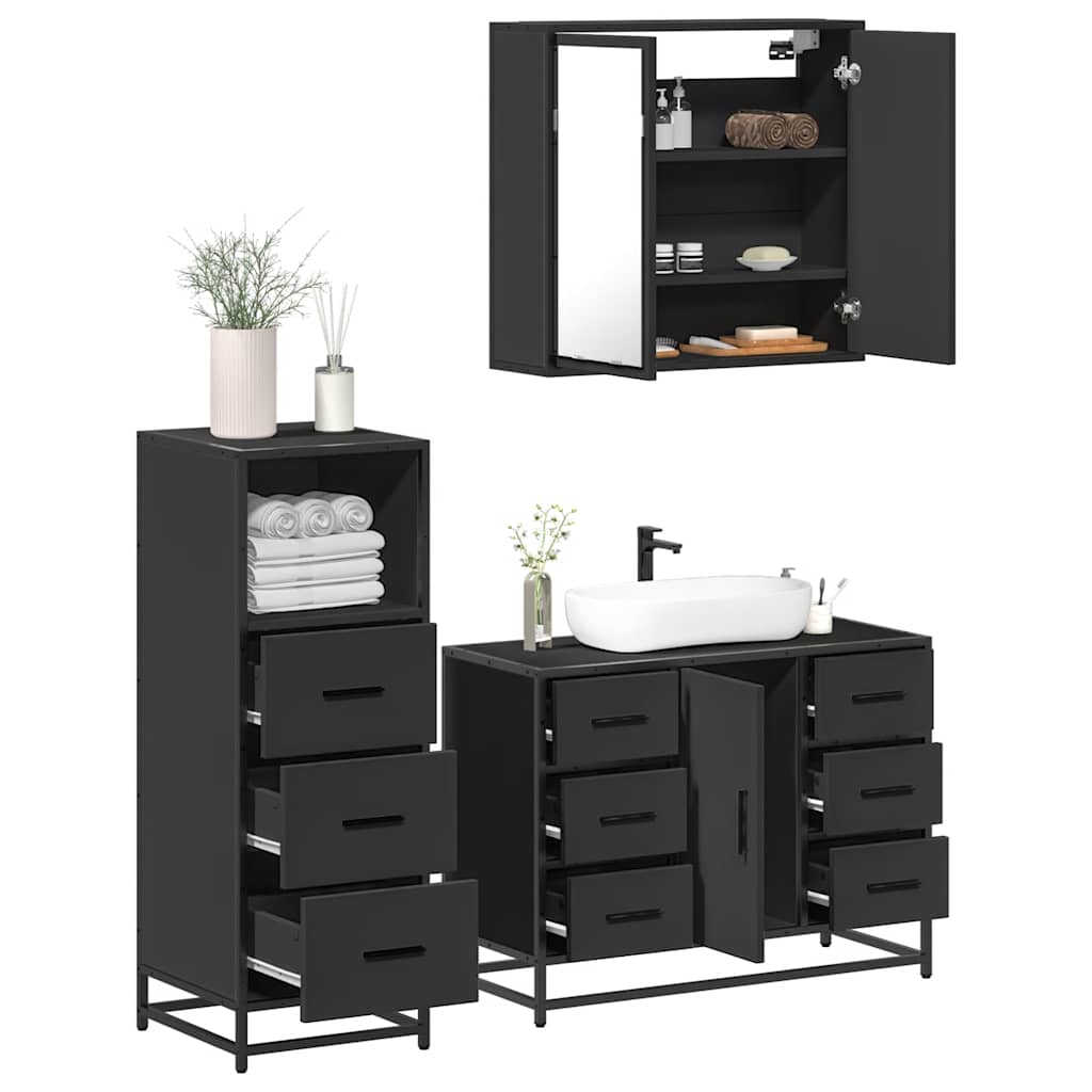 3 Piece Bathroom Furniture Set Black Engineered Wood