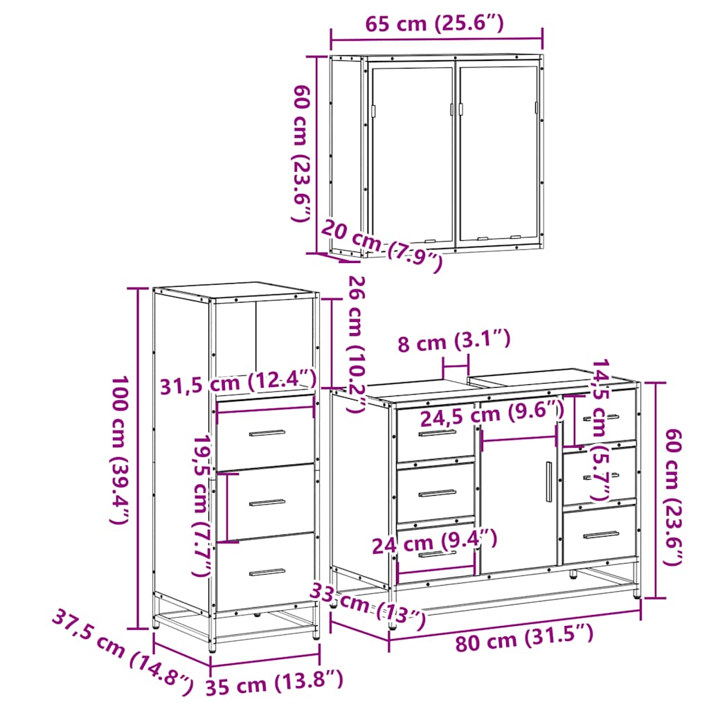 3 Piece Bathroom Furniture Set Sonoma Oak Engineered Wood