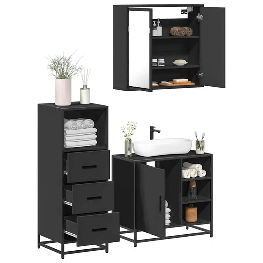 3 Piece Bathroom Furniture Set Black Engineered Wood