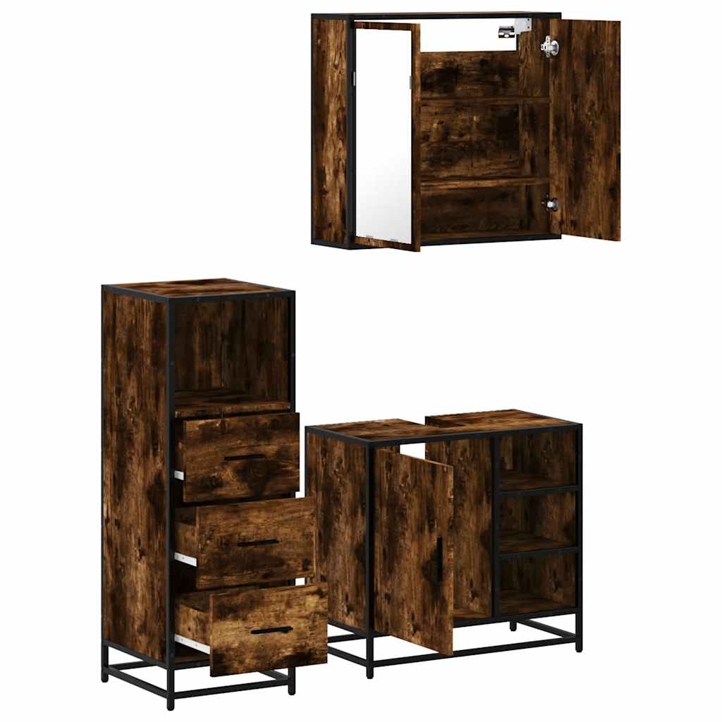 3 Piece Bathroom Furniture Set Smoked Oak Engineered Wood