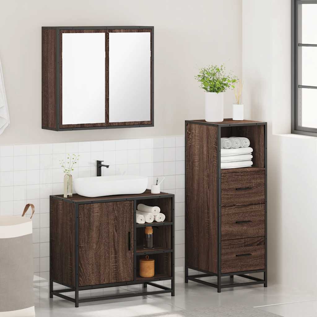 3 Piece Bathroom Furniture Set Brown Oak Engineered Wood