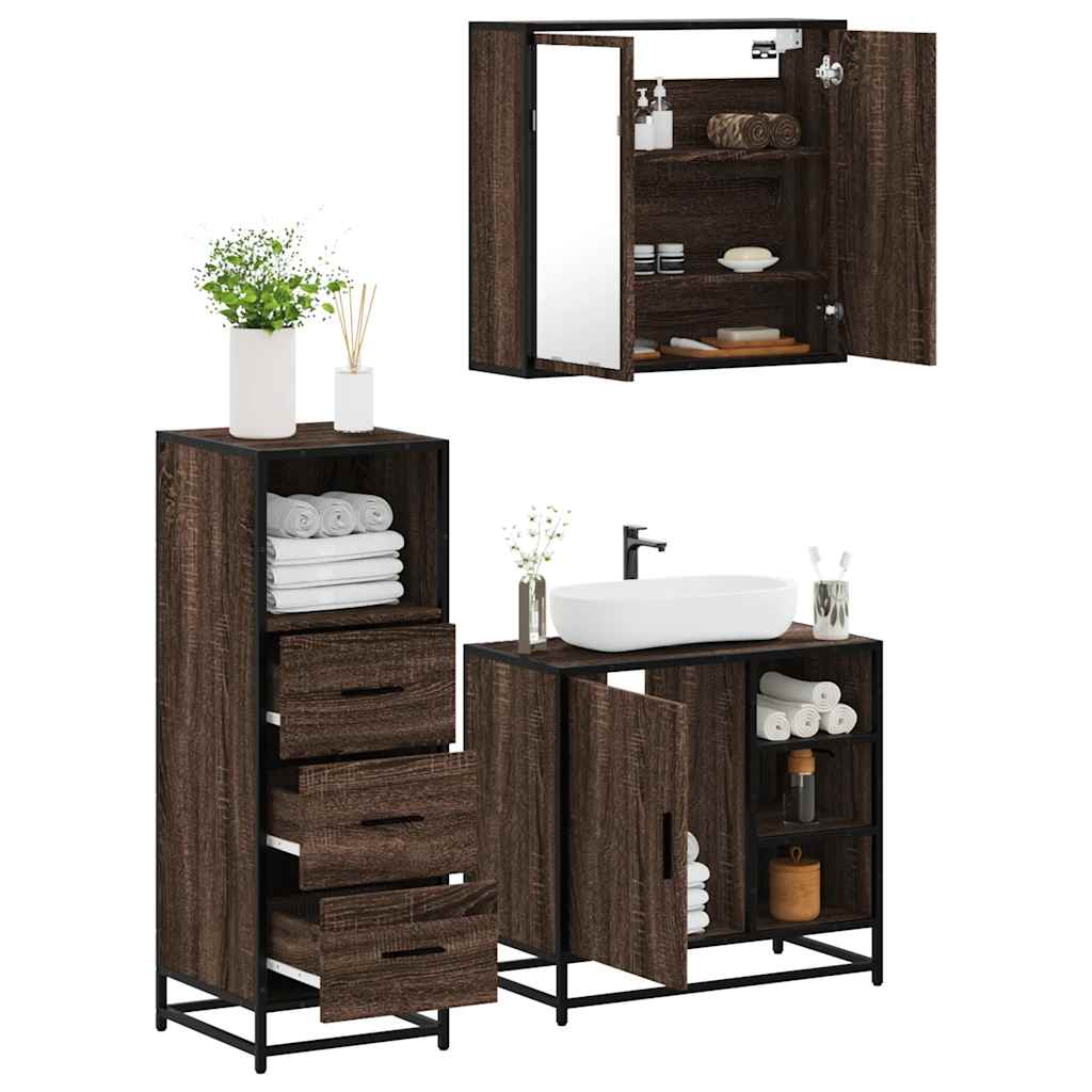 3 Piece Bathroom Furniture Set Brown Oak Engineered Wood